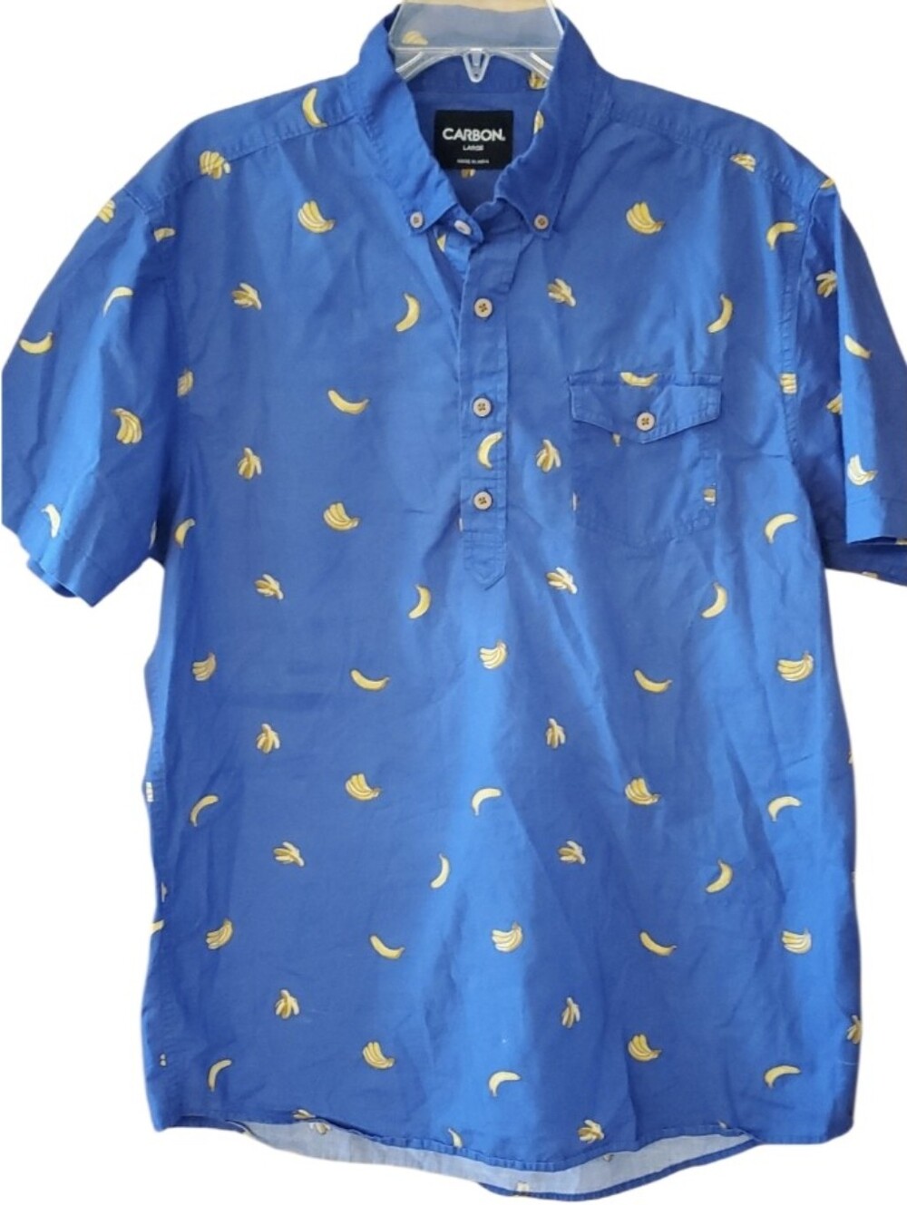 Carbon Blue Short-Sleeve Half Button-Down Shirt with Yellow Banana Print Size L